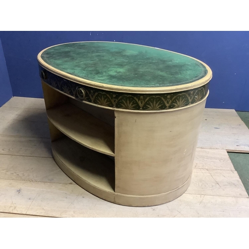 656 - A decorative painted knee hole circular shaped desk/dressing table, with inset green leather top, 11... 