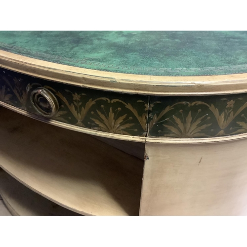 656 - A decorative painted knee hole circular shaped desk/dressing table, with inset green leather top, 11... 