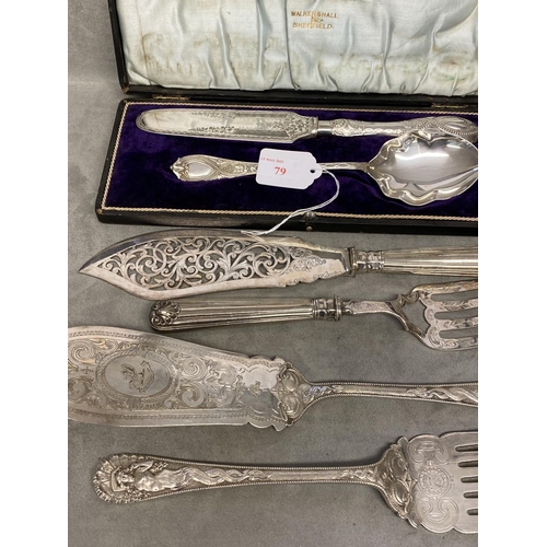 79 - Three sets of C19th electro plated fish servers, one case, one pair with sterling handles