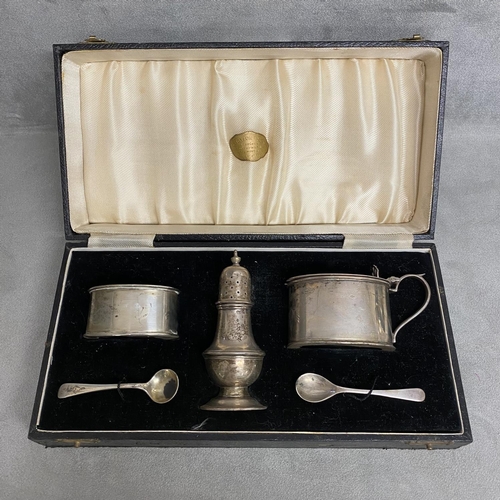 8 - A sterling silver condiment set in velvet lined box by S Blackensee and Son Birmingham 1909 (conditi... 