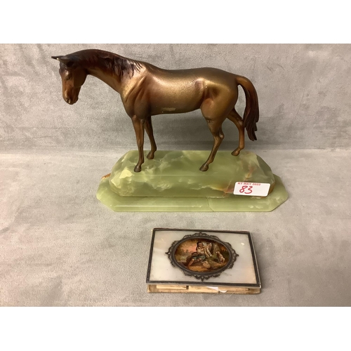 83 - Mother of pearl card case, and bronze horse on onyx base