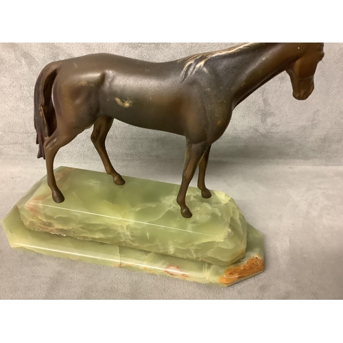 83 - Mother of pearl card case, and bronze horse on onyx base