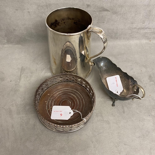 9 - Three items of silver plated wares to include sauceboat, wine coaster and large mug