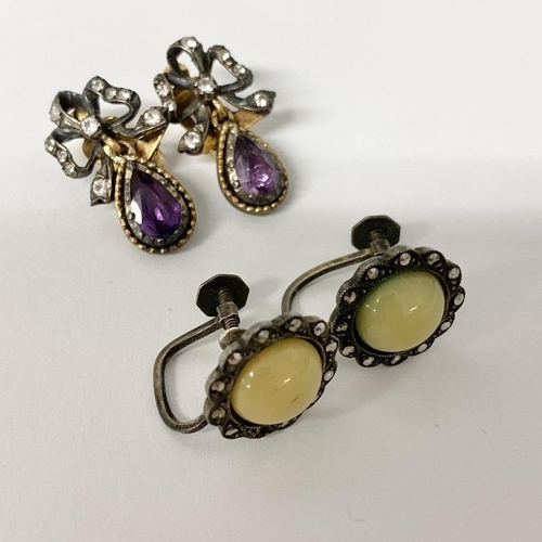 119 - A set of C19th amethyst and paste set drop earing and a pair of marcasite set earings