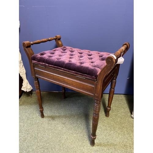 624 - A mahogany piano stool, with purple button backed upholstery