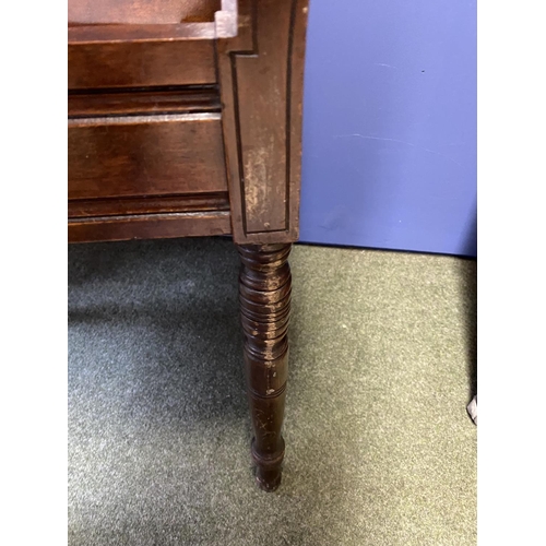 624 - A mahogany piano stool, with purple button backed upholstery