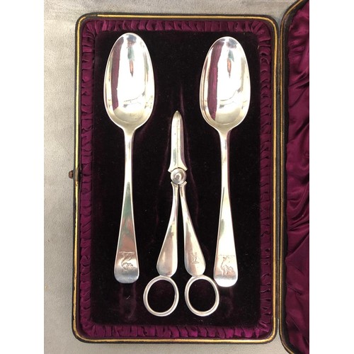 68 - Pair of Irish silver spoons together with a pair of Sterling silver sugar snips in Associated velvet... 