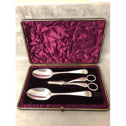 68 - Pair of Irish silver spoons together with a pair of Sterling silver sugar snips in Associated velvet... 