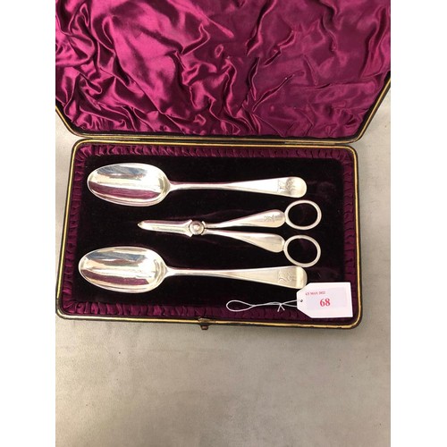 68 - Pair of Irish silver spoons together with a pair of Sterling silver sugar snips in Associated velvet... 