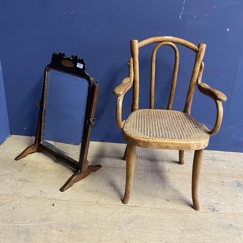 207 - Childs elm chair, with bergere seat, some fading and wear to caning, and a small swing toilet mirror... 