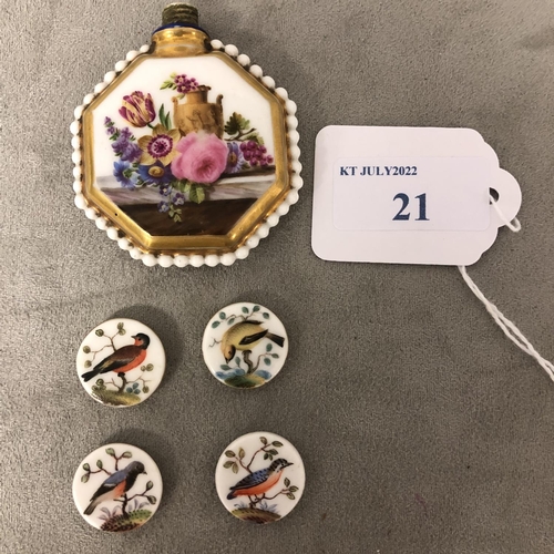 21 - Sevres style gilt porcelain scent bottle and 4 porcelain buttons with images of birds