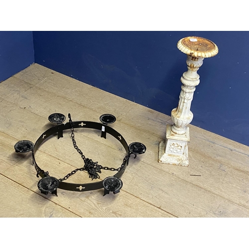 210 - A circular black metal hanging rack, and a white meatal candlestand, both as found 73cmH