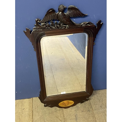 262 - Mahogany and inlaid hanging wall mirror, with eagle finial, 87cmH and Pair of watercolours of boats ... 