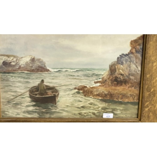 452 - Watercolour on board, of fisherman by the cliffs, signed lower right Aitken, and marked verso 