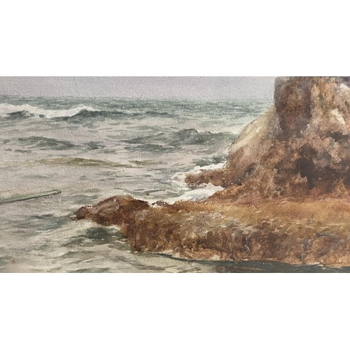 452 - Watercolour on board, of fisherman by the cliffs, signed lower right Aitken, and marked verso 