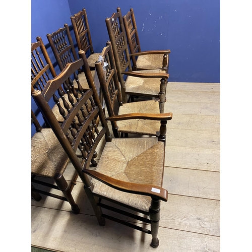 467 - Eight ladder back, rush seated country chairs, (6 +2); some wear to the rush seats