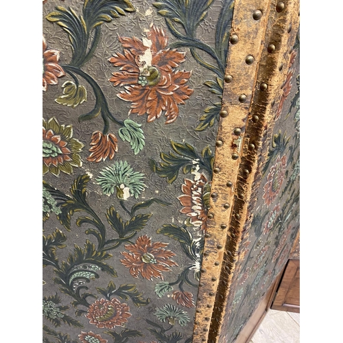 611 - A late C19th decorative, wooden and  embossed & painted leather, 3 fold screen, condition - much wea... 