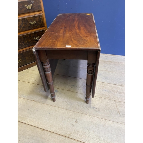 613 - A mahogany drop leaf dining table, a glazed hanging corner cabinet and a chest of 2 short and 3 long... 