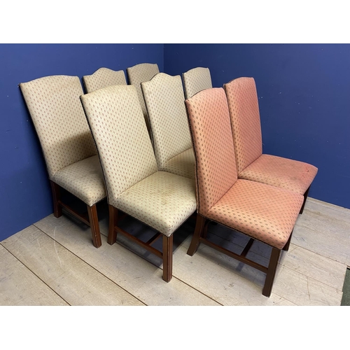 608 - Harlequin set of 8 upholstered dining chairs, one in need of re-upholstery, and the others in used c... 