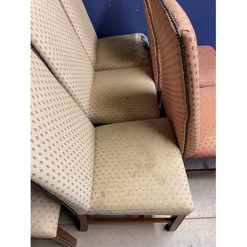 608 - Harlequin set of 8 upholstered dining chairs, one in need of re-upholstery, and the others in used c... 