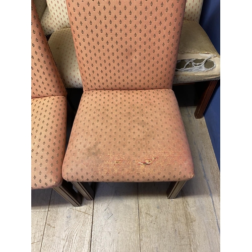 608 - Harlequin set of 8 upholstered dining chairs, one in need of re-upholstery, and the others in used c... 