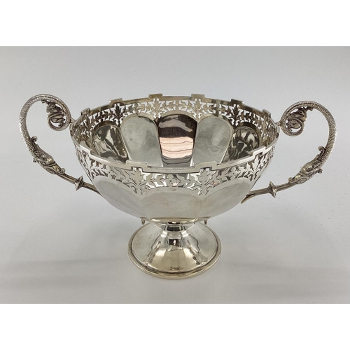 1 - Stirling silver table centre bowl with pierced rim scrolling handles and circular foot ,37x23 x21cm,... 