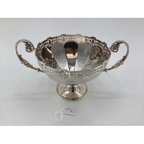 1 - Stirling silver table centre bowl with pierced rim scrolling handles and circular foot ,37x23 x21cm,... 