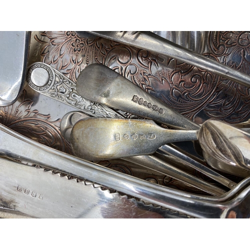 144 - Large two handled silver plated tray, a quantity of flatware , including some in a wooden box, some ... 