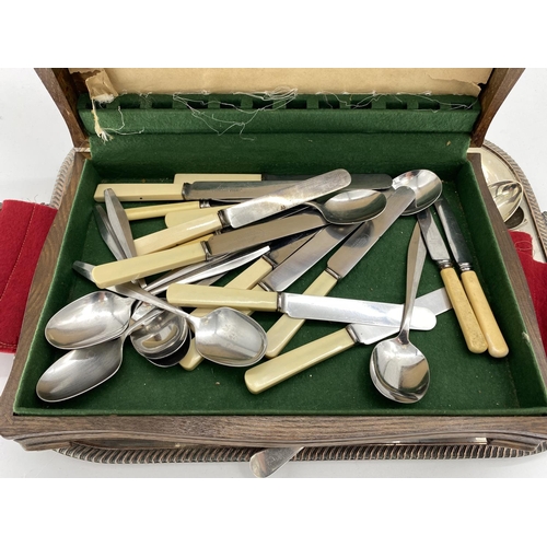 144 - Large two handled silver plated tray, a quantity of flatware , including some in a wooden box, some ... 