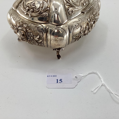 15 - White metal Middle Eastern style domed shaped lidded jewellery casket, decorated with floral design,... 