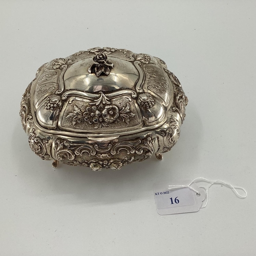 16 - White metal Middle Eastern style domed shaped lidded jewellery casket, with cast rose finial on 4 ra... 