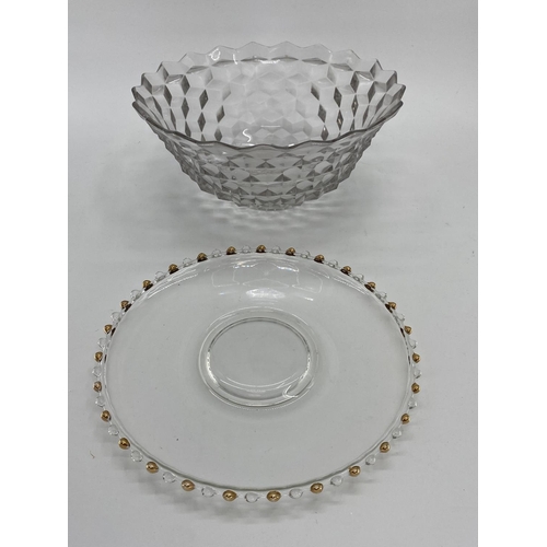 170 - Collection o f C20th pressed glass items to include large decorative table bowls, gilded serving dis... 