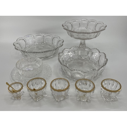 173 - Pressed glass table set to include circular tazza and two bowls, and a Thomas frosted bowl and plate... 