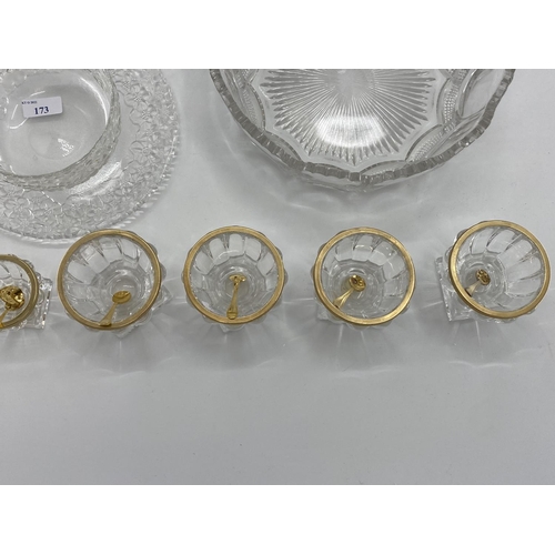 173 - Pressed glass table set to include circular tazza and two bowls, and a Thomas frosted bowl and plate... 