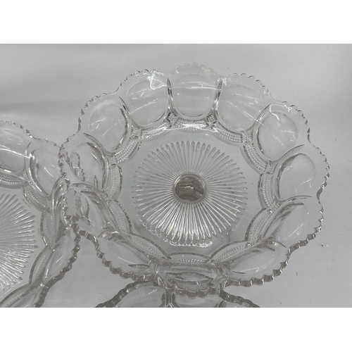 173 - Pressed glass table set to include circular tazza and two bowls, and a Thomas frosted bowl and plate... 