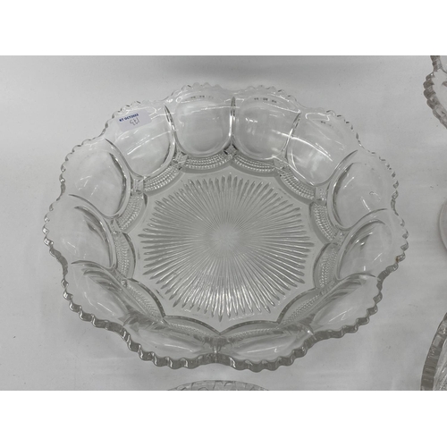 173 - Pressed glass table set to include circular tazza and two bowls, and a Thomas frosted bowl and plate... 