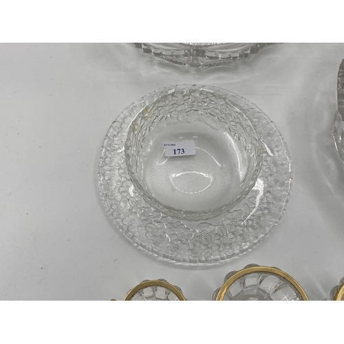 173 - Pressed glass table set to include circular tazza and two bowls, and a Thomas frosted bowl and plate... 