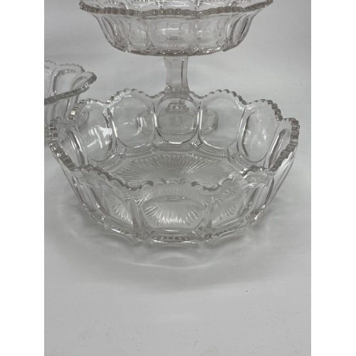 173 - Pressed glass table set to include circular tazza and two bowls, and a Thomas frosted bowl and plate... 