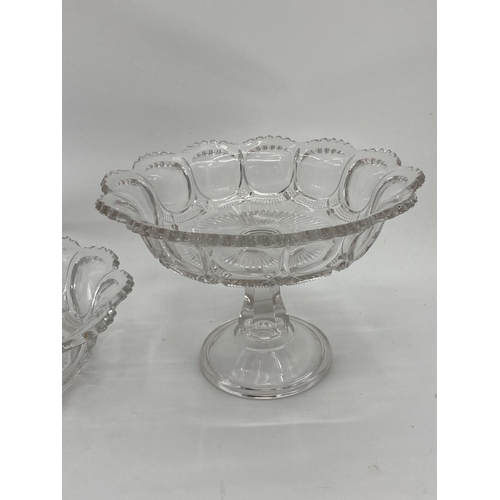 173 - Pressed glass table set to include circular tazza and two bowls, and a Thomas frosted bowl and plate... 