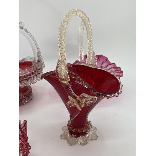 185 - A collection of late C19th/early C20th cranberry glass to include serving baskets