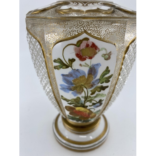 187 - A late C19th/early C20th flash cut glass decanter, Polychrome painted with floral panels. Condition:... 