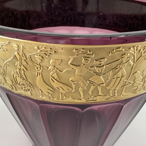 192 - A Moser amethyst glass Karisbad design panelled vase, with gilt band depicting battle scene, unsigne... 