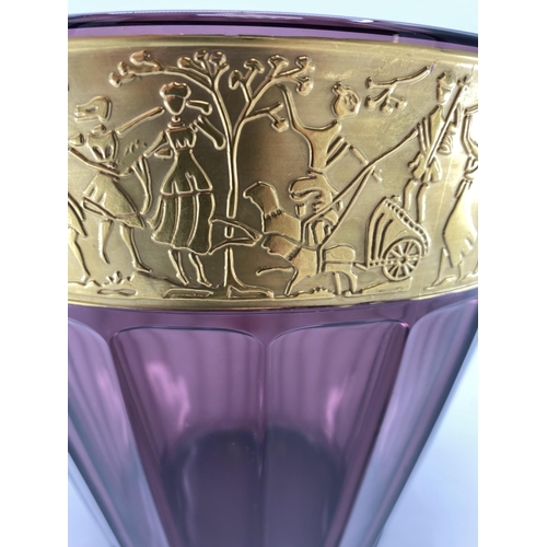 192 - A Moser amethyst glass Karisbad design panelled vase, with gilt band depicting battle scene, unsigne... 