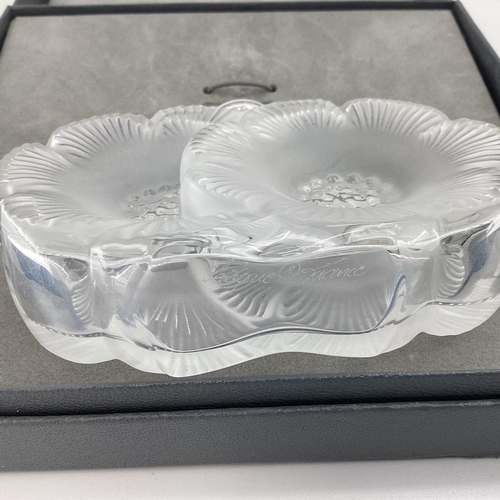 195 - A Lalique frosted glass perfume bottle of twin flower head design etched to base in original box, 10... 