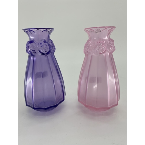 197 - Two Lalique satin vases, in green and pink tapered and panelled with embossed rosebud decoration etc... 