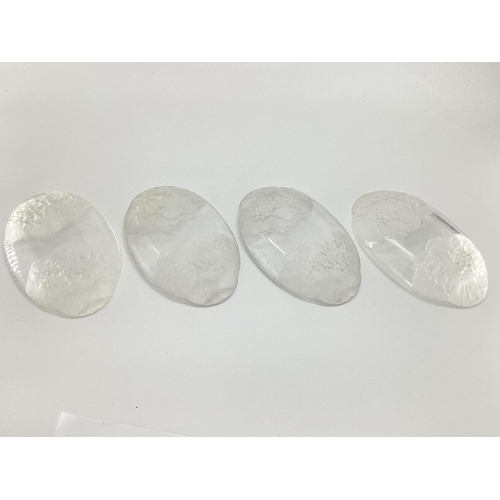 198 - Four frosted glass Lalique style dishes with leaf and flower design unsigned 24.5 x 15cm