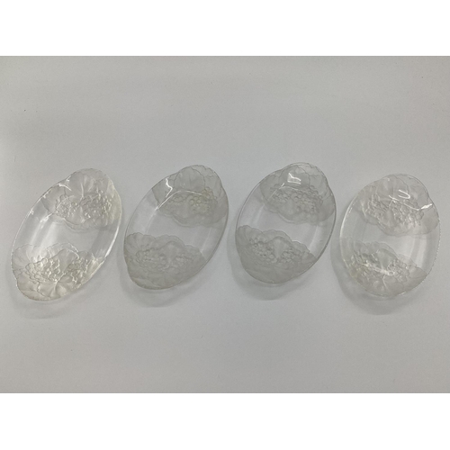 198 - Four frosted glass Lalique style dishes with leaf and flower design unsigned 24.5 x 15cm