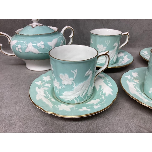 212 - Royal Crown Derby part Coffee set, with 6 coffee cans and saucers and lidded sugar bowl with turquoi... 