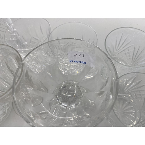 221 - Quantity of glass including modern cake platters on stands, cut glass decanters, wine glasses, tumbl... 