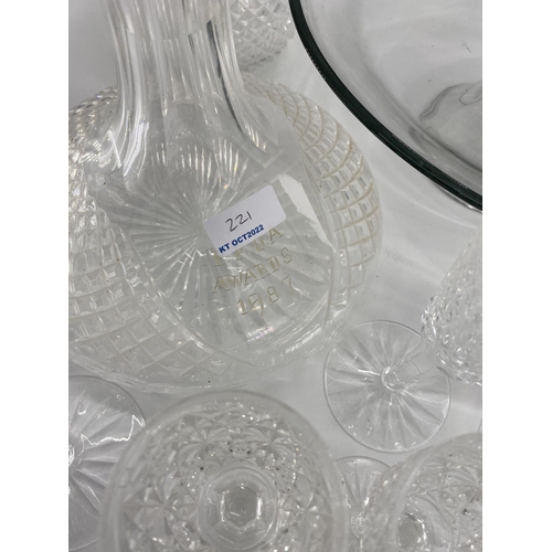 221 - Quantity of glass including modern cake platters on stands, cut glass decanters, wine glasses, tumbl... 